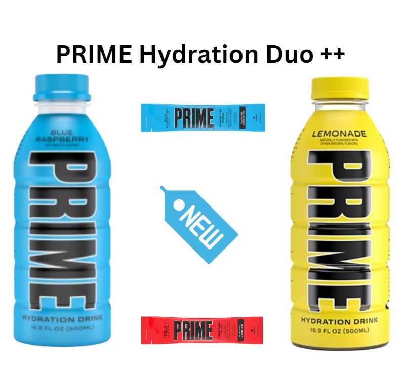 Prime Hydration Duo Plus ++ Lemonade & Blue Raspberry with Tropical & Blue Raspberry Sachet Refills