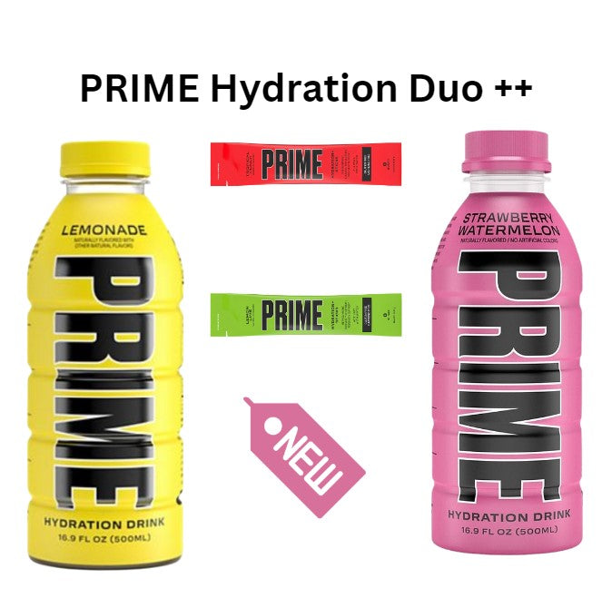 Prime Hydration Duo Plus ++ Lemonade & Strawberry Watermelon with Tropical & Lemon Lime Sachet Refills