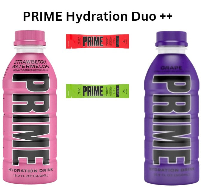 Prime Hydration Duo Plus + - Strawberry Watermelon & Grape with Tropical & Lemon Lime Sachet Refills